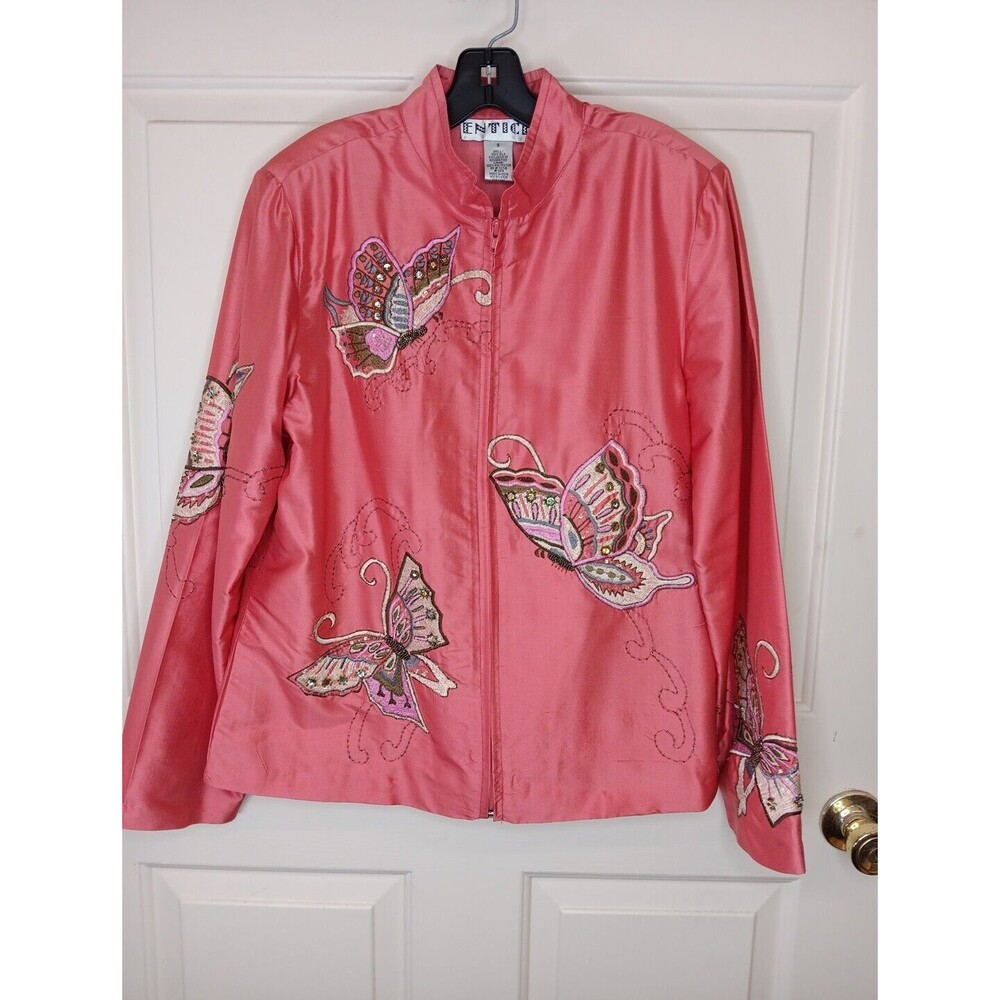 Entice Jacket Women's Small Coral Vintage Silk Embroidered Full Zip Lined EUC